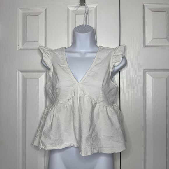 Tops - Shein S White Ruffle Sleeve Peplum Top Tie Back V Neck Blouse